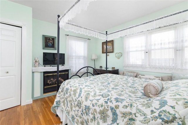 55 Hunter Ave, Newport, RI 02840 - bedroom with a glass covered fireplace, multiple windows, and wood finished floors