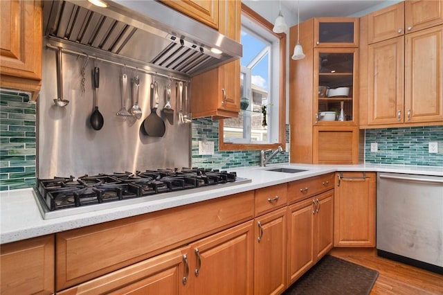 55 Hunter Ave, Newport, RI 02840 - kitchen featuring a sink, tasteful backsplash, custom range hood, and appliances with stainless steel finishes