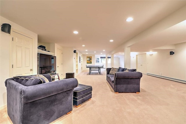 living room with baseboard heating, recessed lighting, and light colored carpet