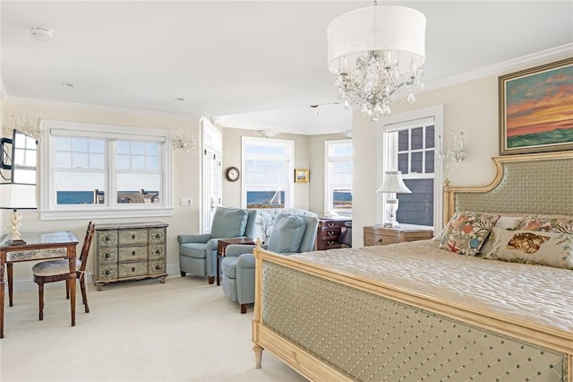 7 Fenway Rd, Westerly, RI 02891 - bedroom featuring light colored carpet, ornamental molding, and a notable chandelier