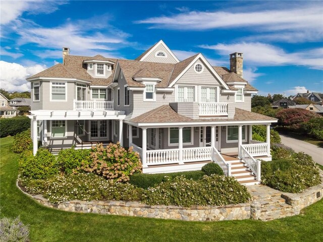 7 Fenway Rd, Westerly, RI 02891 - exterior space with a porch, a chimney, a balcony, and roof with shingles