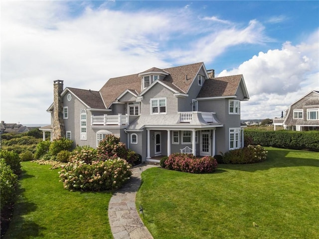 7 Fenway Rd, Westerly, RI 02891 - shingle-style home with a front yard, a chimney, and a balcony