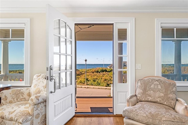 7 Fenway Rd, Westerly, RI 02891 - doorway with wood finished floors, a water view, and ornamental molding