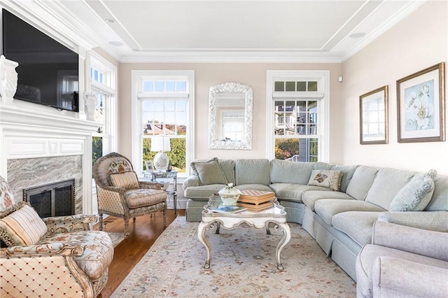 7 Fenway Rd, Westerly, RI 02891 - living room featuring ornamental molding, wood finished floors, and a premium fireplace
