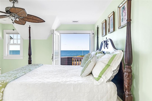 7 Fenway Rd, Westerly, RI 02891 - bedroom featuring ceiling fan, a water view, access to exterior, and visible vents