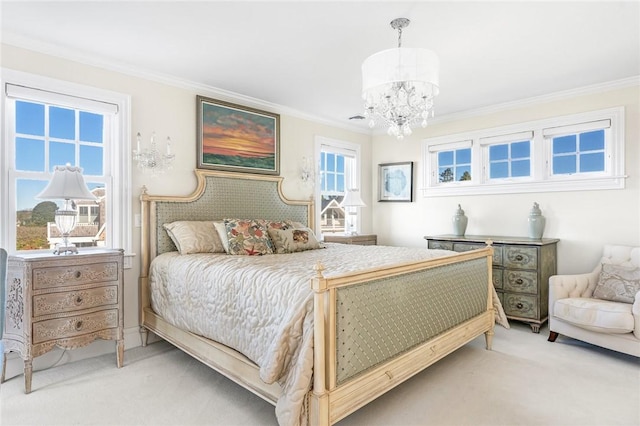 7 Fenway Rd, Westerly, RI 02891 - bedroom with crown molding, light carpet, and an inviting chandelier