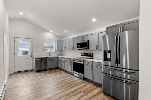 5 Cottage St, Westerly, RI 02891 - kitchen with stainless steel appliances, light countertops, a sink, and gray cabinets