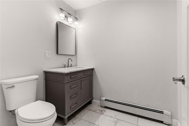 5 Cottage St, Westerly, RI 02891 - half bathroom with vanity, baseboards, toilet, a baseboard radiator, and marble finish floor