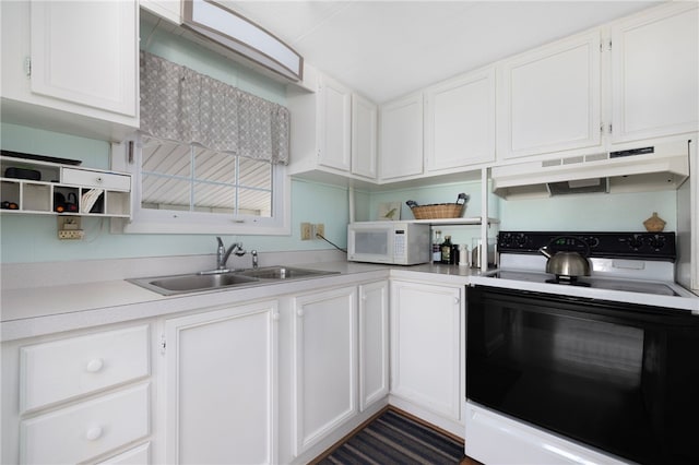 27 Woodward Rd, Lincoln, RI 02865 - kitchen with black electric range oven, open shelves, under cabinet range hood, a sink, and white microwave