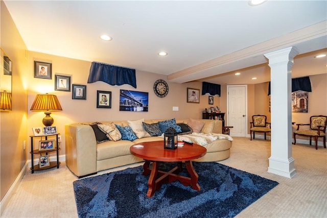 living room featuring baseboards, decorative columns, light colored carpet, and recessed lighting