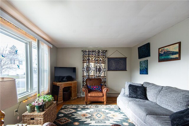 living room with a baseboard radiator and wood finished floors