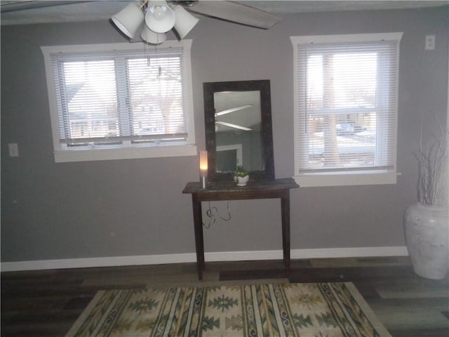 interior space with baseboards, ceiling fan, and wood finished floors
