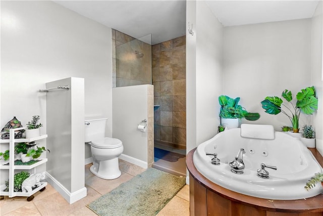 full bath with baseboards, toilet, a walk in shower, a jetted tub, and tile patterned flooring