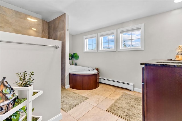 bathroom featuring a bath, baseboard heating, baseboards, tile patterned floors, and a walk in shower