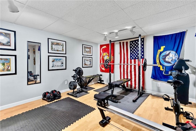 exercise room featuring baseboards, rail lighting, wood finished floors, and a drop ceiling