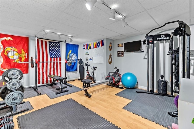 workout area featuring baseboards, wood finished floors, rail lighting, and a paneled ceiling