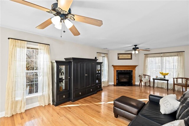 5 Nottingham Way, Freetown, MA 02702 - living room with ceiling fan, light wood finished floors, plenty of natural light, and baseboards