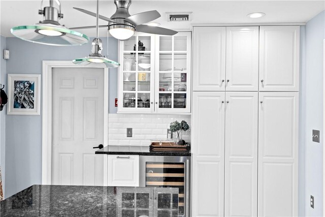 5 Nottingham Way, Freetown, MA 02702 - indoor dry bar with beverage cooler, ceiling fan, decorative backsplash, and pendant lighting