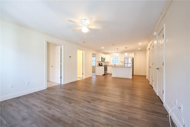 60 Bay Spring Ave Unit A5, Barrington, RI 02806 - unfurnished living room with crown molding, ceiling fan, dark wood finished floors, baseboards, and recessed lighting