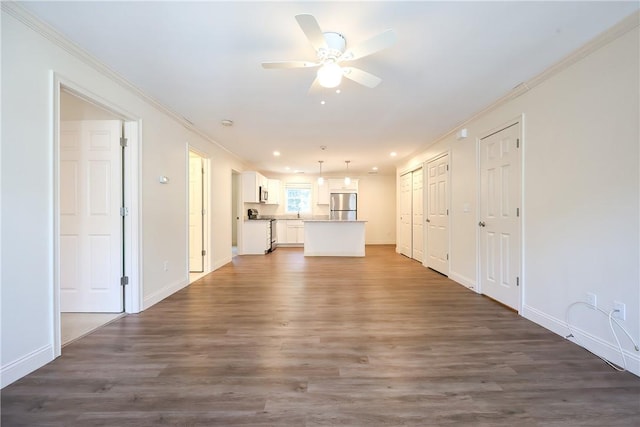 60 Bay Spring Ave Unit A5, Barrington, RI 02806 - unfurnished living room with crown molding, a ceiling fan, dark wood finished floors, baseboards, and recessed lighting