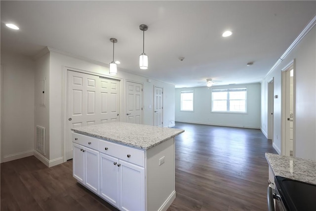 60 Bay Spring Ave Unit A5, Barrington, RI 02806 - kitchen with ornamental molding, baseboards, ceiling fan, dark wood finished floors, and recessed lighting