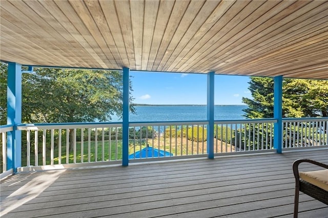wooden terrace featuring a water view
