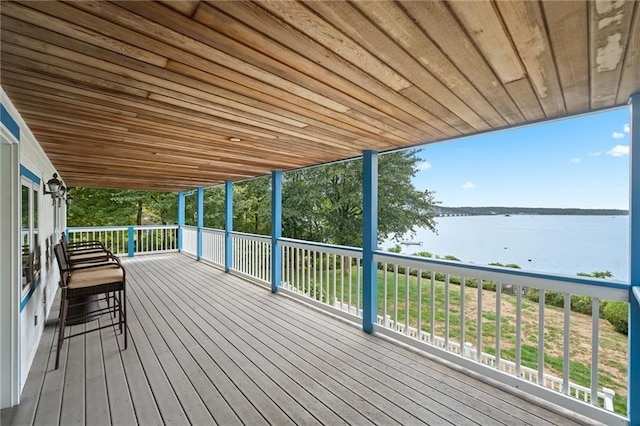 deck featuring a water view