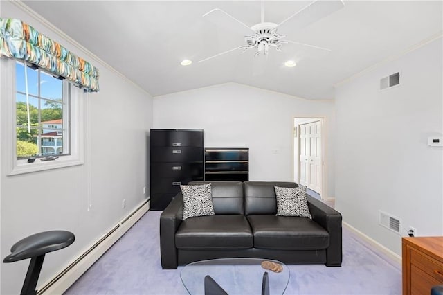 living room featuring carpet flooring, visible vents, a baseboard radiator, and crown molding