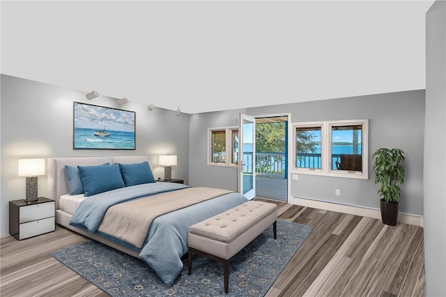 bedroom with baseboards, wood finished floors, and baseboard heating