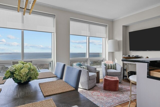 1 Tower Dr Unit 1203, Portsmouth, RI 02871 - living area featuring a water view, ornamental molding, and wood finished floors