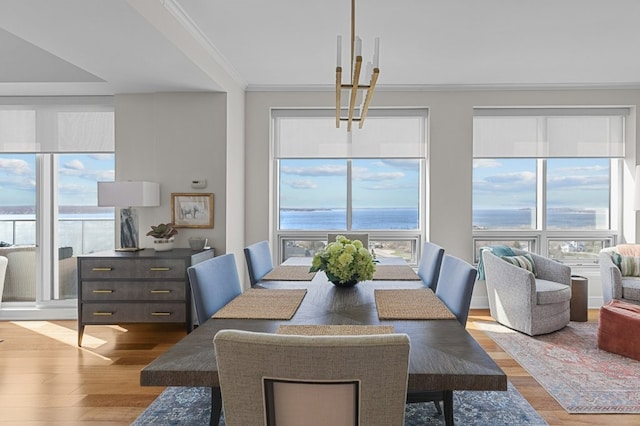 1 Tower Dr Unit 1203, Portsmouth, RI 02871 - dining area with a water view, ornamental molding, wood finished floors, and an inviting chandelier