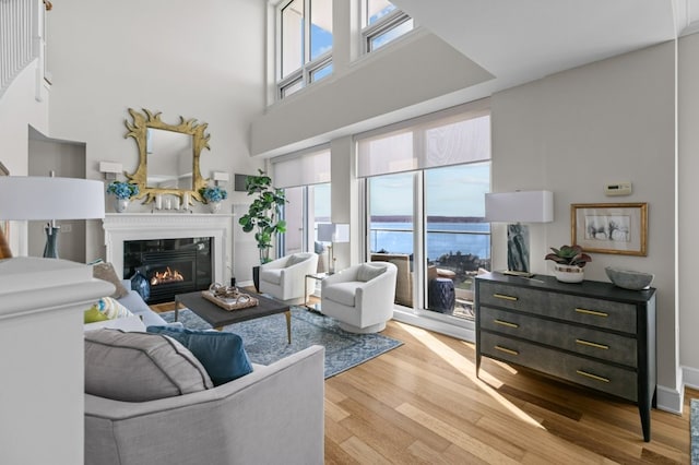 1 Tower Dr Unit 1203, Portsmouth, RI 02871 - living area with a high ceiling, a glass covered fireplace, light wood-type flooring, and plenty of natural light