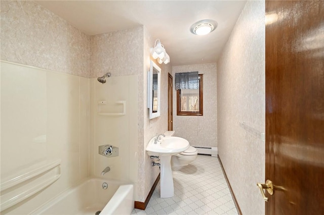 full bathroom with baseboard heating, shower / bath combination, and toilet