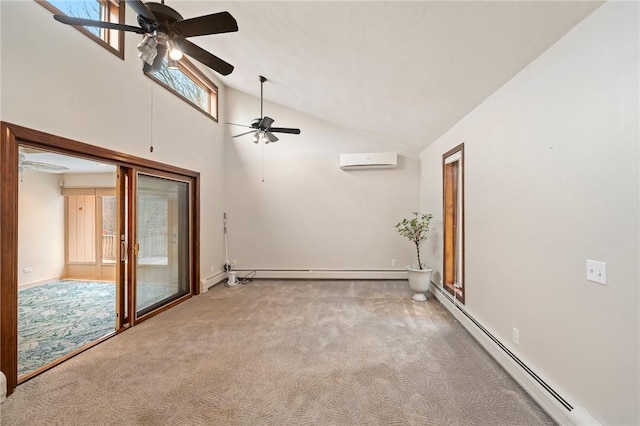 carpeted empty room featuring baseboards, a ceiling fan, a baseboard heating unit, and a wall mounted air conditioner