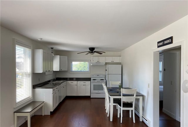 kitchen featuring white cabinets, white appliances, ceiling fan, dark countertops, and a sink