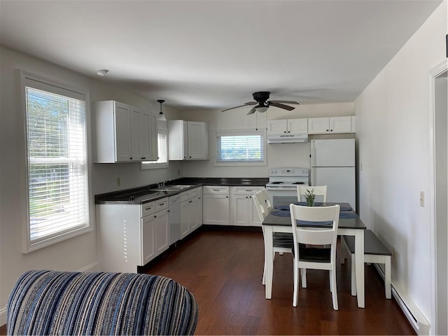 kitchen featuring white appliances, dark wood-style flooring, under cabinet range hood, a sink, and dark countertops