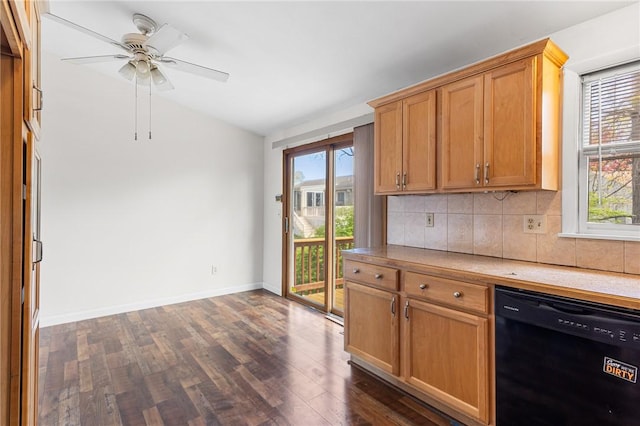 kitchen with decorative backsplash, lofted ceiling, light countertops, dark wood finished floors, and dishwasher