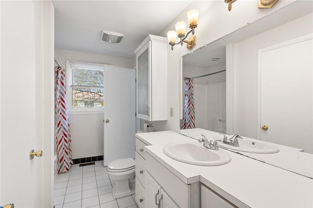 full bathroom with a shower with curtain, visible vents, tile patterned flooring, vanity, and toilet