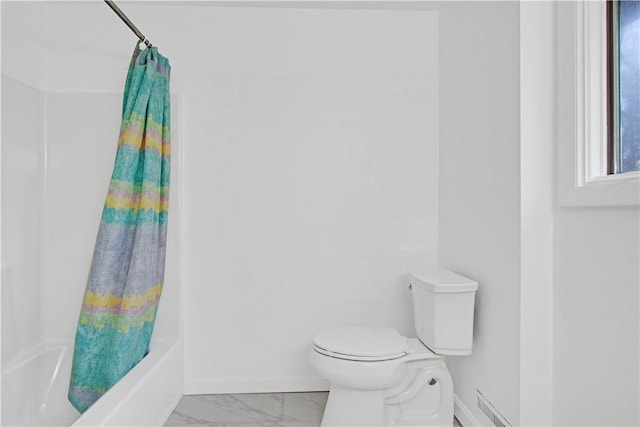 20 Holly Hill Ct, East Greenwich, RI 02818 - full bath featuring marble finish floor, toilet, baseboards, and shower / tub combo with curtain