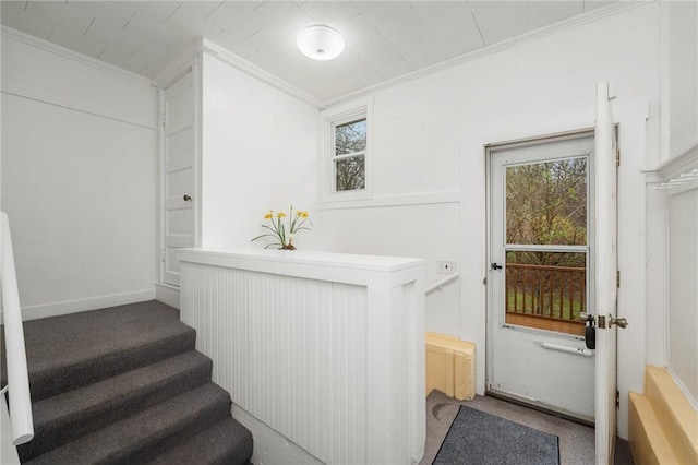 1737 Wampanoag Trl, Barrington, RI 02806 - stairs featuring ornamental molding, healthy amount of natural light, and carpet flooring