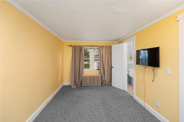 1737 Wampanoag Trl, Barrington, RI 02806 - unfurnished living room featuring radiator, baseboards, carpet, ornamental molding, and a textured ceiling