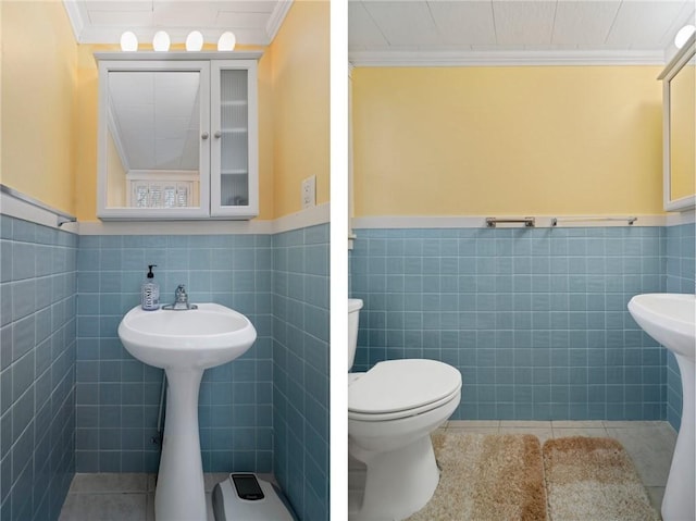 1737 Wampanoag Trl, Barrington, RI 02806 - half bathroom featuring tile walls, crown molding, a wainscoted wall, tile patterned floors, and toilet