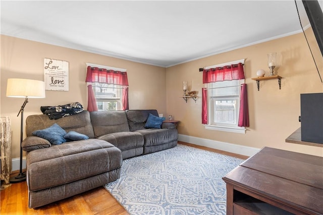 living room with baseboards, ornamental molding, and wood finished floors