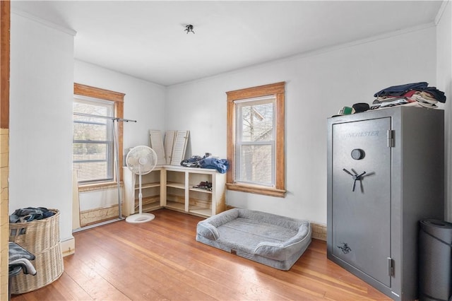 interior space featuring a healthy amount of sunlight, hardwood / wood-style flooring, and ornamental molding