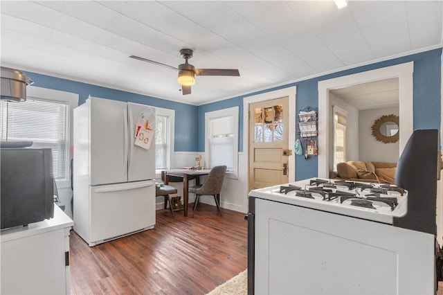 kitchen featuring plenty of natural light, ceiling fan, wood finished floors, and white appliances