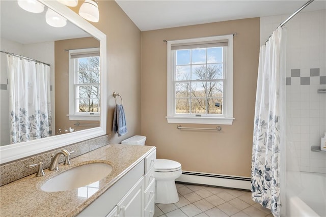 bathroom featuring shower / bathtub combination with curtain, vanity, baseboard heating, toilet, and tile patterned floors