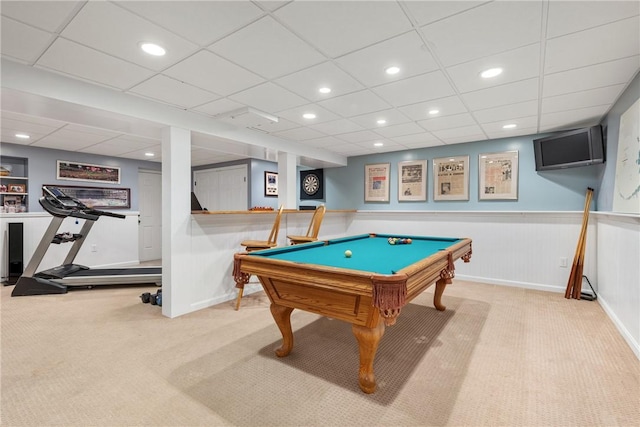 rec room featuring a paneled ceiling, recessed lighting, carpet flooring, wainscoting, and billiards