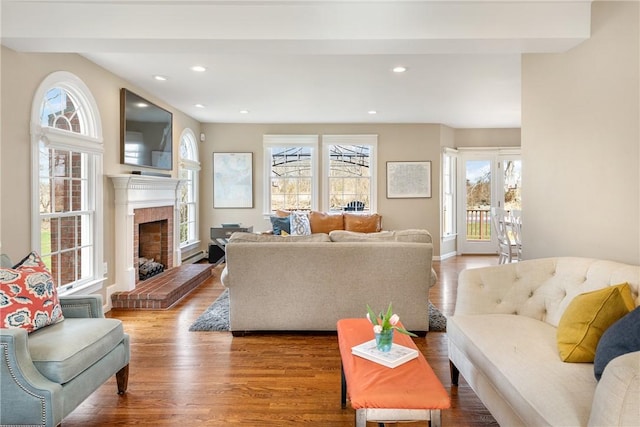 living area featuring a fireplace, wood finished floors, and a healthy amount of sunlight