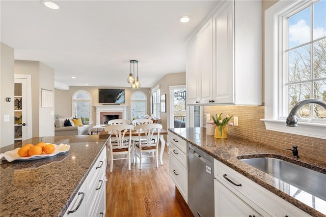 kitchen with tasteful backsplash, a fireplace, white cabinetry, stainless steel dishwasher, and a sink