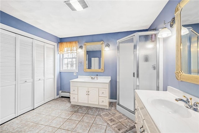 16 Elm Ave, Narragansett, RI 02882 - bathroom featuring a baseboard radiator, a shower stall, two vanities, a closet, and tile patterned flooring
